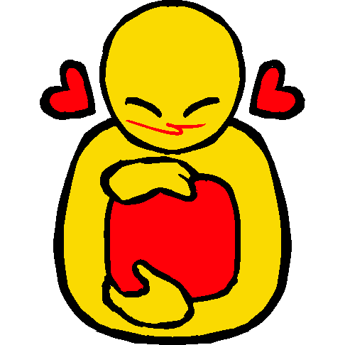 A yellow person holding a red cube, with hearts next to it.